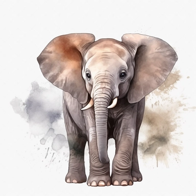 a baby grey African elephant, stood sideways to the camera looking right, shooting water from its trunk, watercolour painting transparent background png clipart