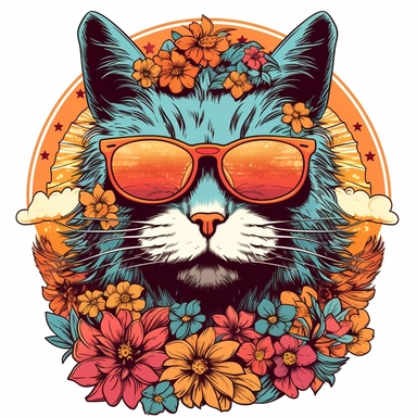 very detailed cutout design of a cartoonized cat wearing sunglasses, with retro summer sunset, and hippie roses, full color, laid flat on white background, vector illustration, flat comic style by Jim Steranko, Sublimation Clipart ,Cartoon,hyper realistic, intricate detail, illustration style,high solution,on the white background