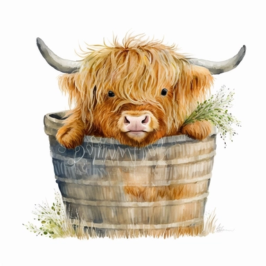 Highland Cow in a basket, Watercolor, Clipart, Farm Animal, clipart, white background