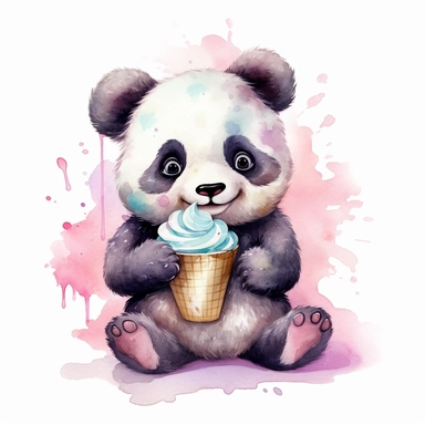 Create a watercolor illustration clipart of a playful cute Baby Panda Eating Ice cream, with its full body visible. Use soft, flowing brushstrokes and a warm, inviting color palette to create an image that is both charming and whimsical. Incorporate intricate details like the motion of Baby Panda Eating Ice cream to create a lifelike, realistic image. Can add other elements to the illustration like related item to play to create playful scene. Use white background to allow the watercolor texture