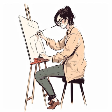 color line drawing of a woman painting a picture on an easel. realistic. The style is simplistic and used for clipart and thumbnail. Plain white background.