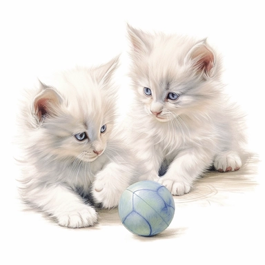 2 fuzzy long haired white kittens playing with a ball , color pencil sketch on a white background for clipart