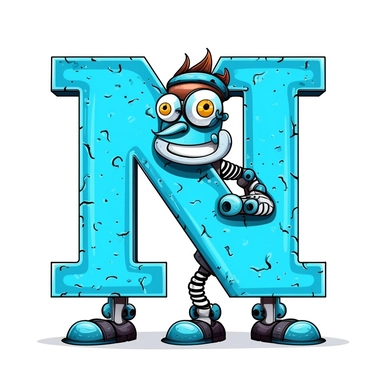 clipart style blue letter N with black line, with arms, legs and friendly cute face for children, isolated, white background,
