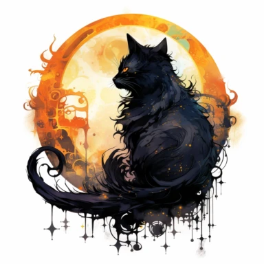 A beautifully painted cat with crescent moon behind it, hues of captivating orange, yellow and black, stunningly beautiful, refined and sophisticated, Hand drawn, Roberto Ferri, Clipart, beautifully colored with strong saturated pastel colors in a beautifully colored and fantasy magical fairytale mesmerizing style, emotionally pleasing watercolor style in the style, Pre-Raphaelitism,hyperrealism, 8k hd detailed quality on a white background
