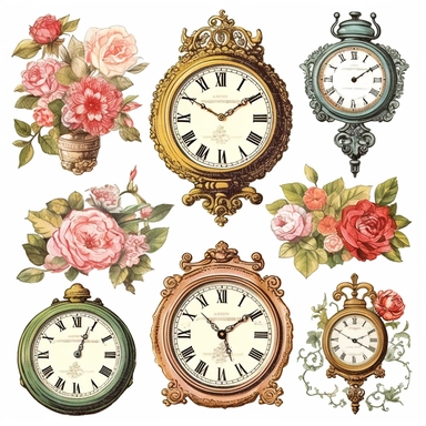 a collection of clocks clip art, stickers, shabby chic, scrapbooking elements, vectors, isolated on a white background