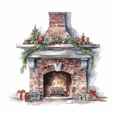 watercolor style, beautifully decorated christmas fireplace with slightly visible part of the wall behind it clipart, isolated on white background, 4K