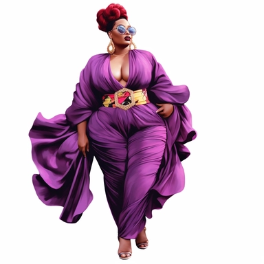socialite black woman bods, plus size, long massive braids, full glam, fashion icon, talented and good vibes, dressy pant and couture frilly outfit, clipart, Juneteenth colors, white background