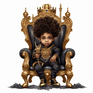 highly detailed clipart of an african american baby prince wearing sweats and sneakers and a gold crown over his curly hair and sitting on a tall royal black and gold throne chair with one leg over his knee