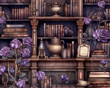 Royal Steampunk ClipArt, background paper, wall paper style, library, rows of books and wooden bookcases, roses, Watercolor Steampunk PNG, Victorian Clipart, Fantasy Clipart, deep purple