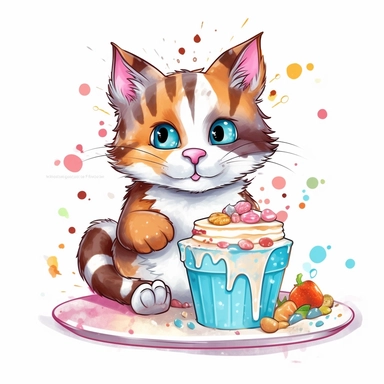 Clipart of a cute cat eating a cake full multicolor white background
