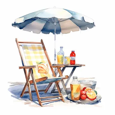 watercolor, hyper realistic, white background, white margins, 16k, ultra detailed clipart, cut out image, hand-drawn, whimsical manhwa style, ultra HD, sharp and clean art a comfy beach chair, umbrella, straw hat, beach bag, magazine, and a refreshing drink on a beach