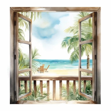 Ella bailey watercolour illustration style window frame with beach view, high definition, 8k, insanely detailed, fine detail, sharp focus, illustration, white background, isolated clipart vector