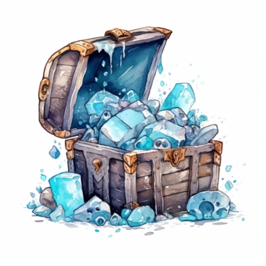 a frozen ancient treasure chest with protruding icy ornaments Clipart Watercolor, White background, HD