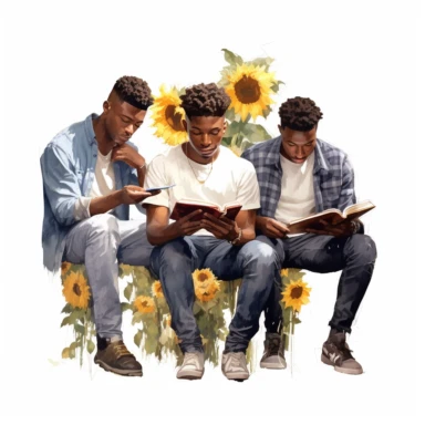3 black, African American young men reading surrounded by books and sunflowers whilst reading intently, clipart, hyper realistic, watercolor style, white background