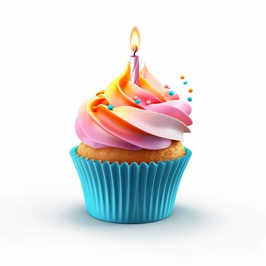 Delicious And Dreamy Gourmet Kid's Cupcake With A Birthday Candle, Pink, Orange And Blue, Clipart, HD, White Background