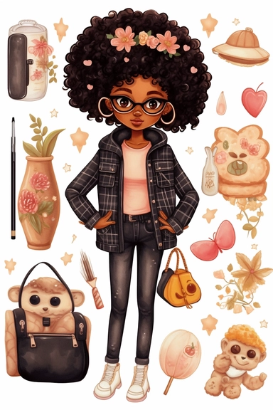 clipart set Cute illustration fashion black woman back to school watercolor clipart, full body, Cute kawaii sticker