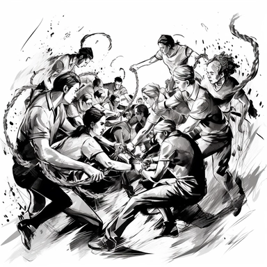 A tug-of-war between a group of people representing businesses and a group representing competitors, illustrating the competitive nature of online marketing and the importance of effective strategies. high-contrast sketch,black and white, strong design elements, clipart
