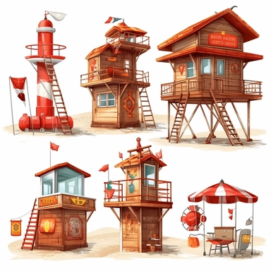 atercolor beach lifesaver and lifeguard huts , illustrations clipart set, simple, , cartoon elements ,different variants , separate elements with a margin, wooden and plastic elements elemets, helicopter, lifesaver boat, jetski ,4k, high resolution