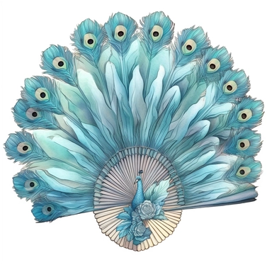 a pale blue hand fan made of peacock's feathers ,floral,soft tone, in the style of James Christensen, clipart, fantasy, watercolor illustration ,hand drawn, hd, single object, print on demand image, PNG transparent background, , 8k ,white background for removing background - - no text shadow font watermark