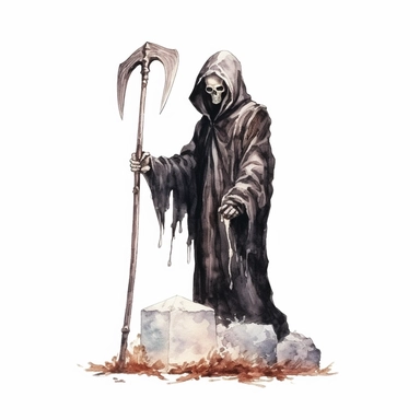 Grim Reaper hold the scythe, standing next to the tombstone, skulls Sublimation Clipart, watercolor Illustration clipart, 4K, extremely detailed, isolated on white background