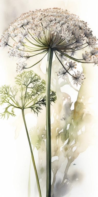 Watercolor Painting of SINGLE STEAM Queen Anne's Lace FLOWER on white background beautiful multi - headed pale, Flora Design Patterns, Flemish Baroque by Rachel Ruysch, Behance, Rococo, Intricate Detailed, Soft Light Effect, Oil Paint Strokes, Light Academia Aesthetic Flowers, Lighting cinematic, all shown shimmering stamens, tyndall light, light effect, texture, colorful, 8k, fantasy, ray tracing, depth of field, vivid, spectacular lighting, octane rendering, highly detailed, ultra - realistic,