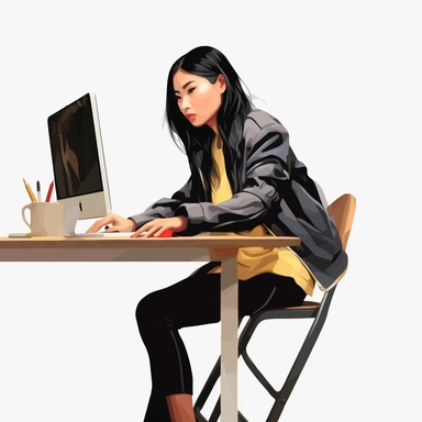 asian american lady boss wearing fashionable bold clothes, sitting at the desk and working on the computer, realistic illustration, clipart, isolated on white background, 4K