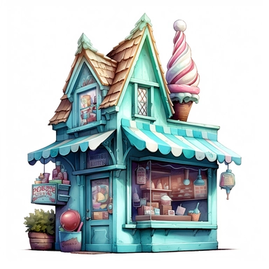 isolated clipart of a rainbow ice cream shop, in the style of tony diterlizzi, light teal and light bronze, digital airbrushing, isabelle waldberg, ultrafine detail, watercolors, havencore