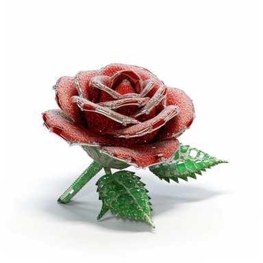 clipart of a realistic rendering of a red rose made out of pure diamond and emerald on a white background, in the style of extremely detailed, mineral, expensive, 8k