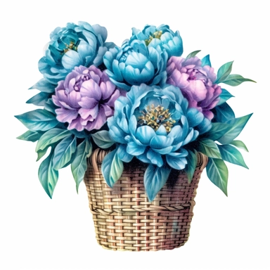 Watercolour realistic pastel blue iridescent glitter peonies in wooden wicker basket with delicate ribbon bow wrapped around it intricately realistically detailed pastel blue peonies, PNG image,transparent background ,ultra highly detailed, 18k, sharp focus, bright photo with vibrant colours, digitally enhanced,photographic, enhanced graphics, png format, straight, sharp focus, bright lighting, intricate detailed png image ,high definition,300dpi,graphic clipart,computer graphics