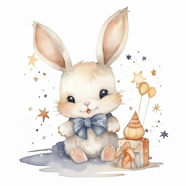 cute watercolor newborn soft beige baby rabbit toy smiling with stars and birthday cake, watercolor effect, isolated white background, babyshower clipart, soft beige tones