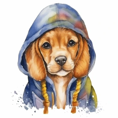 cute puppy wearing a hoodie, watercolor illustration clipart,