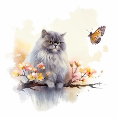 A persian cat and a little bird sitting proudly on a tree branch, with a few butterflies flying, looking off into the butterflies, with a few leaves framing the scene, watercolor by Liu Yi, clipart, solid background, 8k