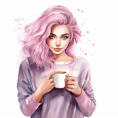 girl drinking coffee, in the style of watercolor illustrations, pink and gold, soft lilac, serenity and harmony, various stroke techniques, on white background, clipart