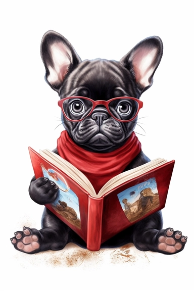frenchie bulldog baby, reading book, cute, adorable, unique, watercolor, clipart, high quality, superhero, realistic, 8k