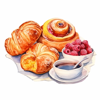 Watercolor drawing of Breakfast pastries like croissants muffins danishes and cinnamon rolls., White background, clipart