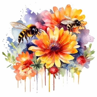 Create a charming watercolor clipart of bees and flowers. The scene should include several bees buzzing around a variety of vibrant flowers, collecting nectar. The style should mimic that of a watercolor painting, with soft edges, subtle color blending, and the characteristic transparency of the medium. Use a digital rendering technique that mimics the effect of a watercolor brush on a textured paper. The lighting should be soft and diffused, as if it's a sunny day. The colors should be bright a