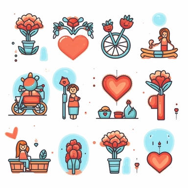 Icons beautiful cute About two people, love, hearts, flowers and gifts. at the clip art ,white blackground