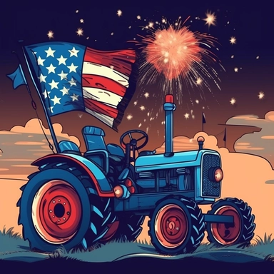 Super cute, American flag with tractor and firework Sublimation Clipart, Cartoon funny, Cute anime, Very detailed, blue sky colorful background