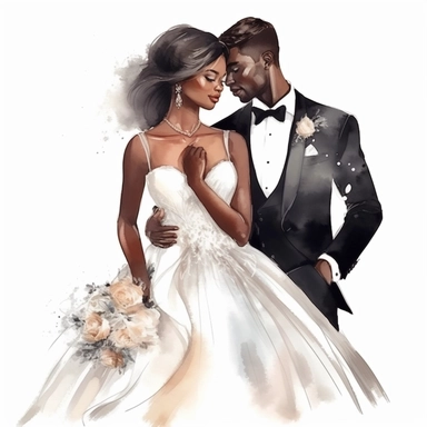 Black skin bride in a white wedding dress with diamonds and with beautiful jewelry, rich and glamour, long beautiful hair, beautiful lips and long eyelashes glamour and the groom in a tuxedo smile watercolor clipart