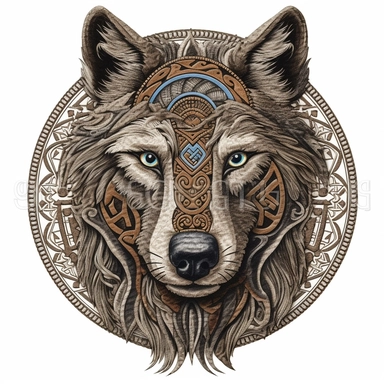 an embroidery design of a celtic wolf, highly detailed, white background, clipart