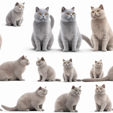 very cute clipart of fat happy small sizes british shorthair cats in many gestures, spacious, far from one another, clear dan detailed profile, cute poses, white clear background, HD, 3D