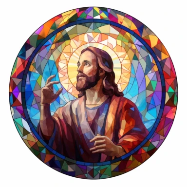 A stained glass window depicted Jesus delivering his renowned sermon on a background of white, in the style of reimagined religious art, prismatic portraits, sketchfab, tondo, uhd image, clipart, circular shape,