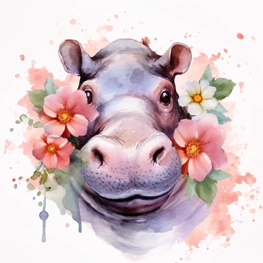 watercolor, hippo, flowers clipart