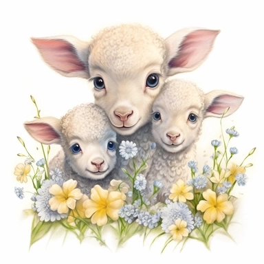 cute but realistic color pencil sketch clipart. baby lambs , sitting in the flowers, butterflies around