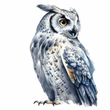 A Cute Happy Owl Side view.Watercolor hyper-realistic detailed animal illustrations, elegant inking techniques, delicate markings, monochromatic paintings, free brushwork, watercolor illustrations, painted illustrations Clipart, White Background
