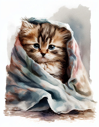 baby cat in a blanket, watercolor clipart, transparent background
