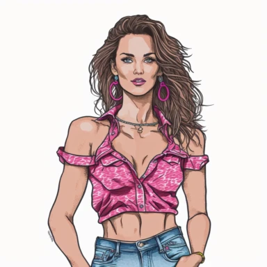 ultra realistic, hand drawn, clipart, The woman you're describing has a bold and confident sense of style. She's wearing a pair of torn denim jeans that fit her perfectly and add a touch of edge to her outfit. Her off-the-shoulder raspberry pink halter top is colorful and vibrant, with a bold pattern that draws attention to her shoulders and neckline. The halter top is designed to accentuate her figure, and she wears it with confidence and ease. To complete her outfit, she's chosen a pair of hig