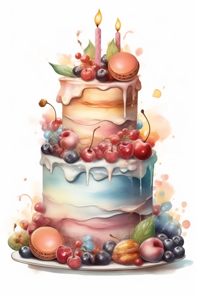 amazing detailed watercolor clipart of a beautiful detailed pastel colored birthday cake, no caption, solid white background, cinematic light lighting, hyper-detailed, 8k, high resolution, symmetrical, full shot photograph, insanely detailed and intricate, beautiful, elegant, glamour, watercolor, cinematic