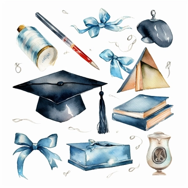 watercolor graduation related scenes, illustrations clipart set, simple, , cartoon elements ,different variants , school and classroom elements, graduate, graduation gown and capdiploma, separate elements with a margin, ,4k, high resolution