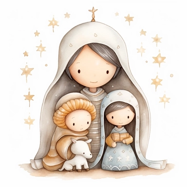 A watercolor painting of a cute nativity with Mary and Joseph, Christmas, cute detailed digital art, inspired by nicoletta ceccoli, by Kubisi art, whimsical and cute, by nicoletta ceccoli, cute detailed artwork, glimmering, adorable and whimsical, whimsical art, Clipart style, png style, svg style, blank white background, a solid white background